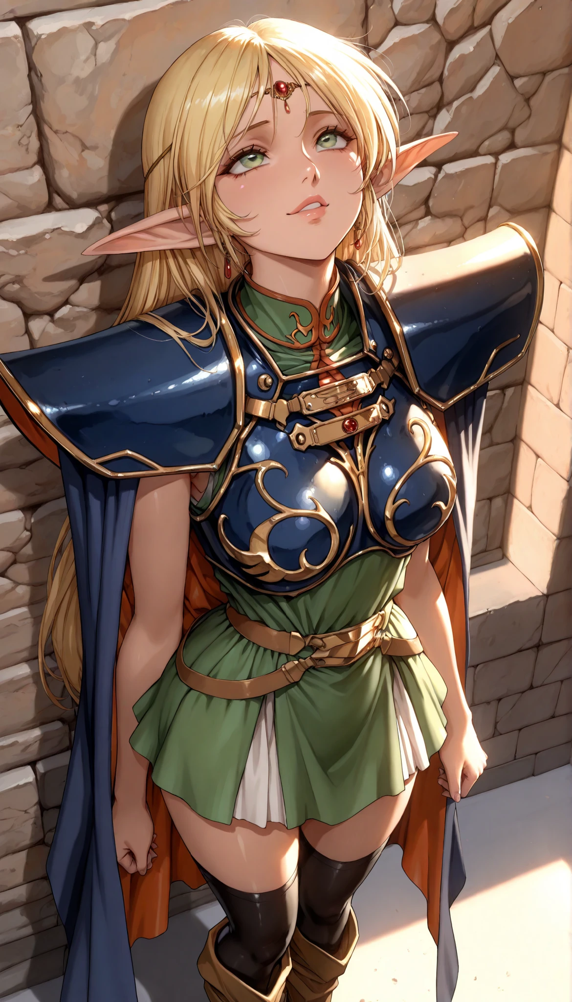 1 woman, deedlit, \(record of lodoss war\), With a smile, Look Up, from above, ((Blonde, long hair)), green dress, circlet, sleeveless,shoulder armor,armor,breastplate,cloak,blue cloak,boots, Pure Bitch, Captivating Body, sexy body, Perfect Lips, standing, face close-up wearing a red and white shrine maiden costume, Dramatic Lighting, Glamorous Light , black stockings, super high resolution, Physically Based Rendering, (top quality:1.2, very detailed, high-detail CG illustration in front of a rock wall, soft focus, masterpiece:1.2, Best Aesthetics),