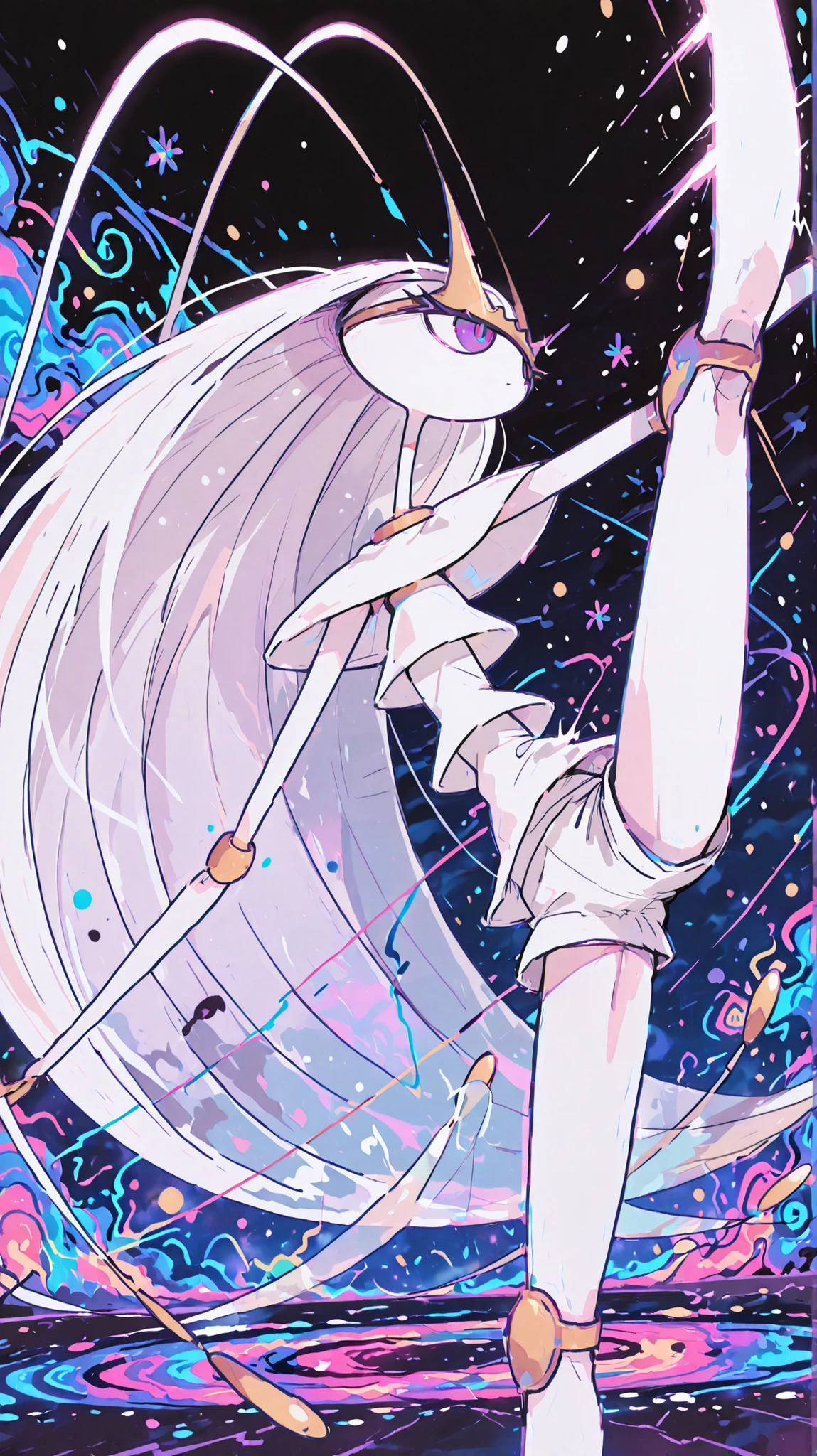 Pheromosa from Pokemon, White Body, (psychedelic cosmic horror), Thin Waist, Very Thin Waist, Wasp Waist, Solo,vibrant colors, cel shading, Simplistic Art Style, solo,((round kick)),side view,(action),(acrobat)