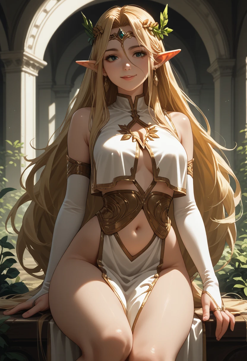 (absurdres, best high quality image, carefuly detailed features and textures, very detailed image, front view) {{(1character: Elf queen 1.000 years old mature gold haired adult milf, beautiful face, sexy feminity, beautiful light blue eyes, voluptuous body, big breasts, huge butt, beautiful legs, golden long hair, golden eyebrows, lovely smile) (white one-piece leotard, white middle finger sleeves, white runing shoes, cleavage), (crouching, happy enjoying the moment))}}