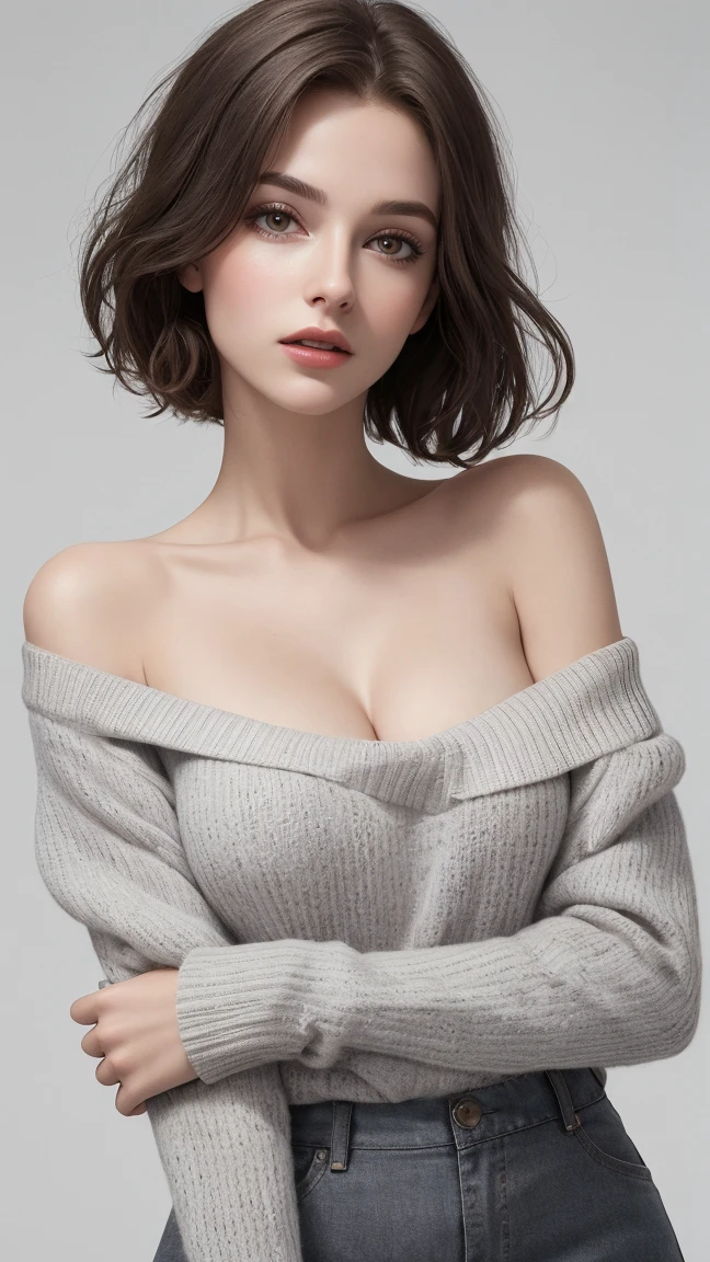 (highest quality, 8k, 32k, masterpiece, Ultra-high resolution:1.2),Beautiful Japanese Women Photos, Big Breasts, Very short bob hair,Upper Body,(Extra Large_sweater,:1.1) necklace, Simple Background, Look around com seios a mostras ,hands folded behind her back