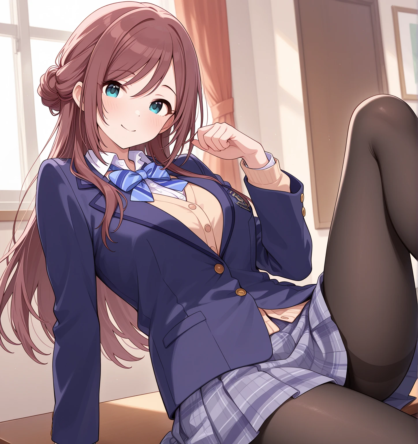 Masutepiece, Best quality, (highly detailed CG Unity 8k wallpaper) (Best quality), (best illustration), (Best Shadowiku Nakano, brown hair, blue eyes, classroom, beautiful detailed eyes, Looking at spectator,((blue cardigan)),((very short green pleated miniskirt)),((black pantyhose)), distress,pigeon toes, lifting skirt by myself,full face blushing,panties showing