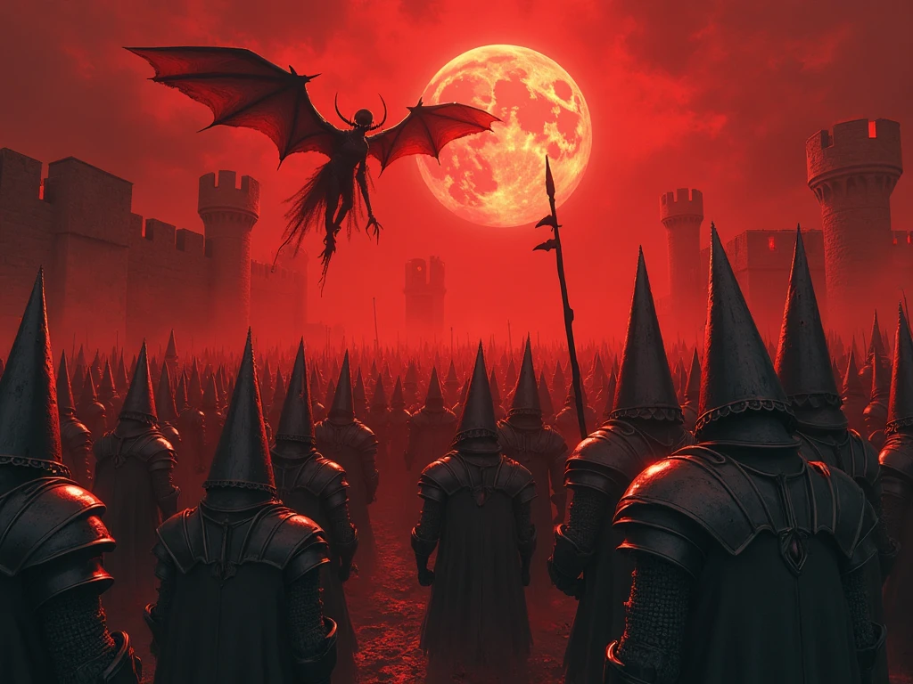 A cinematic, epic scene of a dark army led by a Dark Lord invading a village at dusk. The sky is filled with dark clouds and smoke from burning buildings, casting an eerie and apocalyptic glow. The Dark Lord, towering and menacing with glowing red eyes and dark armor, wields a staff emitting dark, crackling energy. The army consists of shadowy figures in dark armor, wielding sinister weapons, marching forward with discipline and menace. Evil magic swirls in the air, casting ominous shadows and eerie green and purple glows. Various monstrous creatures, including massive beasts, wreak havoc, smashing buildings and roaring. Villagers are seen fleeing in terror, some carrying children or belongings, while others are being killed by the dark forces. Fires blaze throughout the village, adding to the chaos and destruction. The scene is highly detailed and realistic, capturing the intensity and terror of the invasion with a high level of cinematic quality. The overall style should evoke an apocalyptic and dramatic mood, focusing on the dynamic motion of villagers running, buildings being destroyed, and creatures attacking.