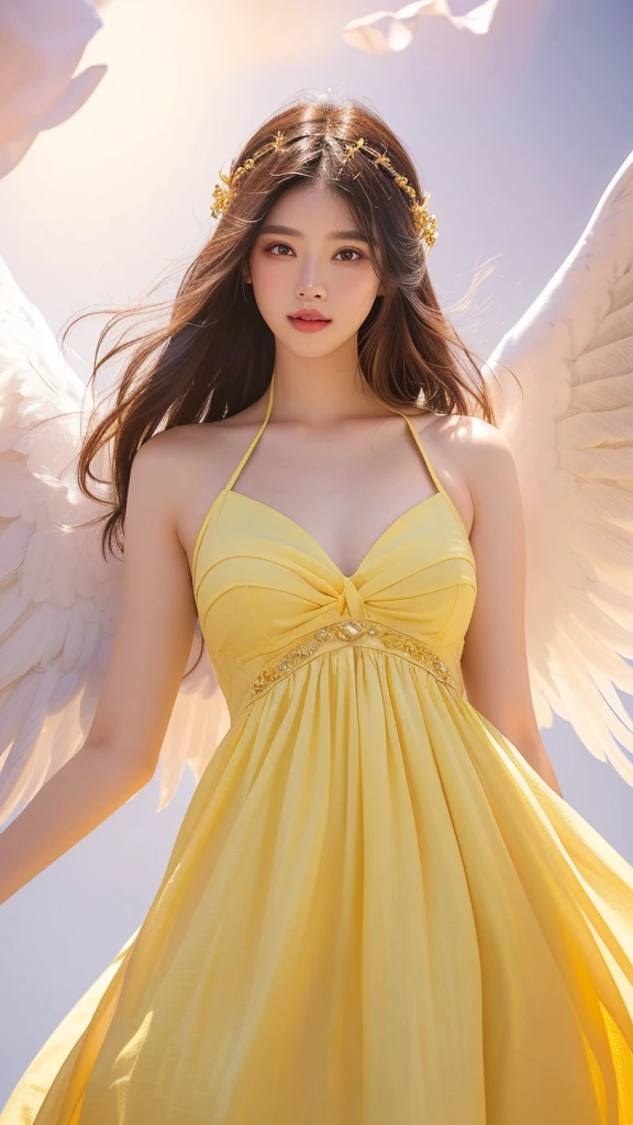 High quality photo,right lips and eye's, (not any mistakes)A beautiful young korean girl, angelic, descending from heaven, elegant and graceful, wearing a glittering dress, excellent photo angles, slim and gorgeous figure, cinematic lighting, highly detailed, photorealistic, 8K, masterpiece, perfect face