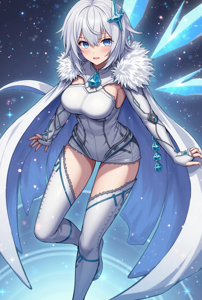 masterpiece, best quality, HD, ultra-detailed, vivid colors, Pokemon Glaceon, (furry:1), humanoid, humanization, anthropomorphic, on 2 legs, beautiful detailed eyes, frozen environment, icy blue color palette, ((crystal-like fur)), long fluffy tail and ears, beautiful bangs of hair, curly strands of hair, ((ice cloth with mantle, fur coat)), snowflakes floating around, dramatic pose, aurora borealis in the sky