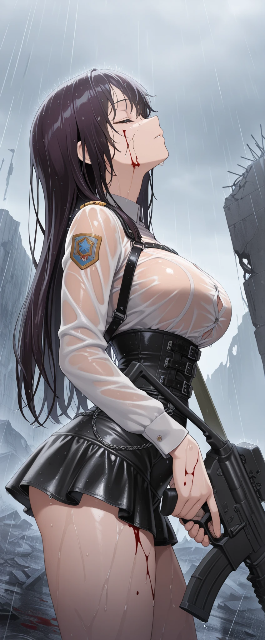Long black hair, police dress ,massive sized boobs, thigh legs,short police skirt with police belt, standing, brown colour eyes,ultra realistic detailed black eyes, beautiful and perfect face, police background, Mikasa Ackerman with red scarf, black hair