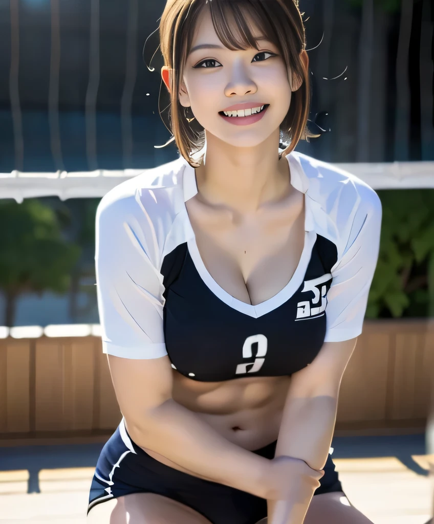 (masterpiece,highest quality,超A high resolution),((whole body))、(((Long legs)))、((Beautiful feet))、Japanese women, (((Very beautiful woman))), Cute Woman、View Photographer, Super cute face, Glossy Lips, Double eyelids on both eyes,Shy laugh、Natural Makeup, Long eyelashes, Shiny and smooth hair､Center image,  Perfect limbs, Large breasted women,(((White silk volleyball uniform)))、(((Wet with sweat and see-through))),Large Breasts,Tight-fitting uniforms、Uniforms sticking with sweat、See-through、Beautiful body lines、sneakers、Bittersweet memories