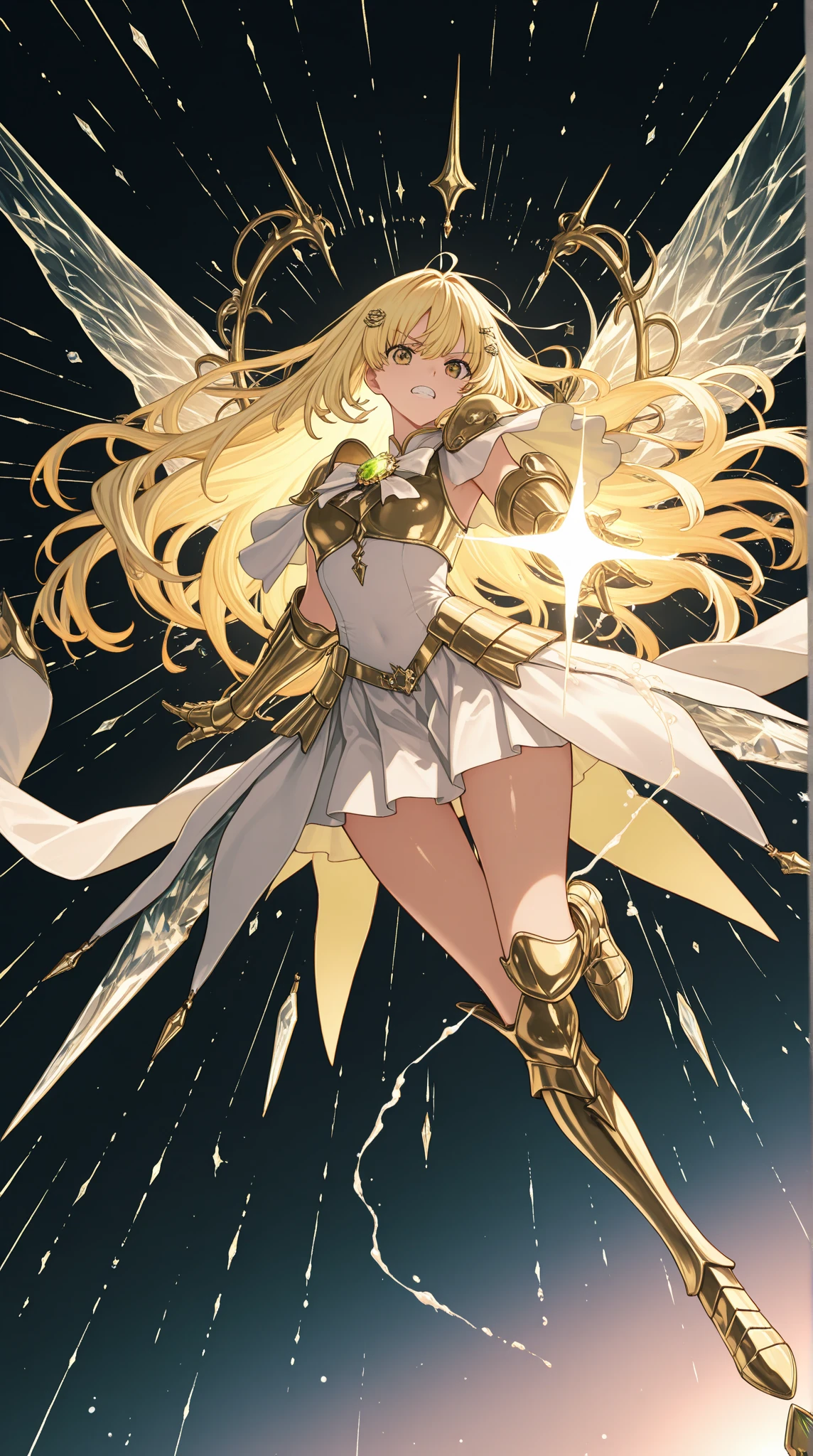 goddess(gold short hair, side-up hair, golden eyes, one-piece long dress, white high heels, golden wings, star-motif bracelet), bottom view, 1 sword(white large-long edge)