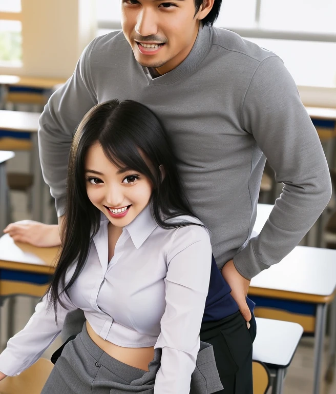 Happy family,women huge breasts, big booty, full body, sexy pose, medium dress, sexy dress,  hug, sex in class