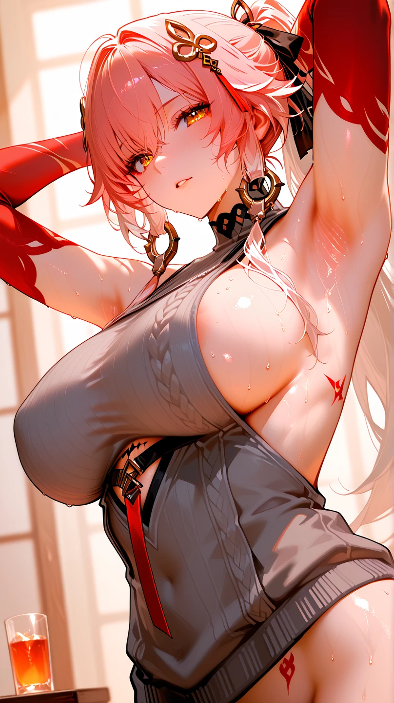 1girl, 18 year old female, Myamoto Musashi, Fate Grand/Order, anime style, ultra realistic, high detail, sexy pose, sexy, beautiful, exposed skin, slender, skinny, exposed breast, breast, nipples, nude, nudity, absurdres, high res, ultrasharp, 8K, UHD, retina, masterpiece, accurate, anatomically correct, perfect anatomy, textured skin, super detail, high details, high quality, award winning, best quality, high res, looking at viewer, detailed eyes, four fingers and one thumb per hand, perfect hands, perfect finger, two arms only, no clothes, revealing, pink hair, blue eyes