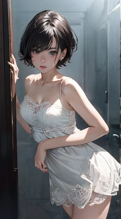 (masterpiece, best quality, ultra detailed, absurdres)1.5, 1girl, (sexy, beautiful woman, perfect face, perfect eyes, perfect female body)1.5, (30yo, Young female, black_eyes, Blue_hair, short_hair, Bangs, expressive eyes, White skin, extremely detailed clothes, smile, earrings, necklace, see-through nightgown, <lora:EmikoAmamiya-V1:0.7>, <lora:dongu:0.4>), (standing, luxury bedroom), night, smooth, hdr, <lora:more_details:0.7>