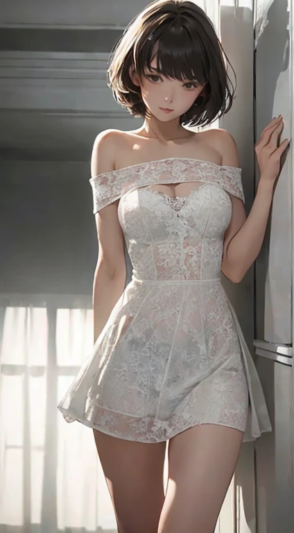 ((Realistic lighting, Best quality, 8K, Masterpiece: 1.3)), Clear focus: 1.2, 1girl, Perfect beauty: 1.4, Super fine face, fine eyes, double eyelids, wedding dress, ((Full body photo)), leaky big breasts, short skirt