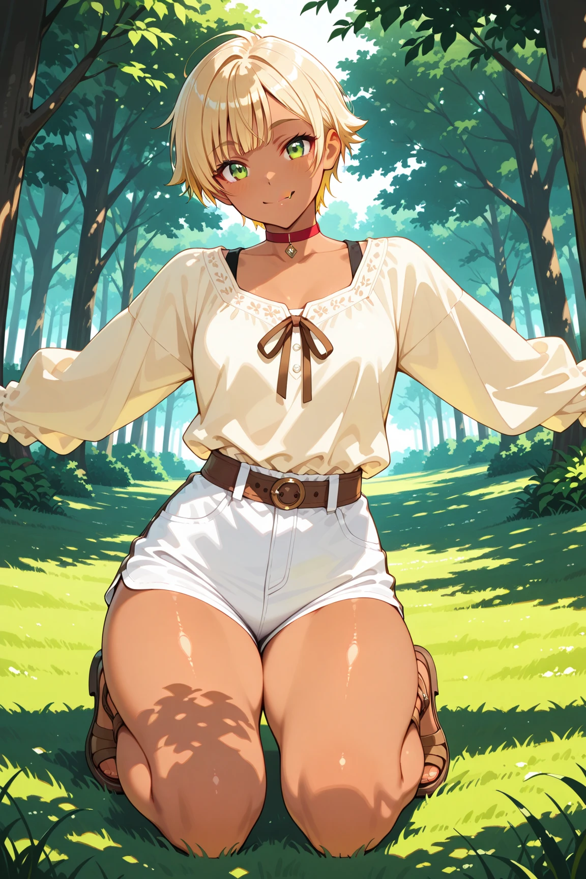 Masterwork, masterpiece, perfect lighting, shirt, skirt, spreading legs, blond hair, small breasts, (wide hips:1.2), standing, smile, hands at sides, looking at viewer, mountain in background, near tree, arms behind back, (river:0.6), pov, looking at viewer, facing viewer, perfect eyes,