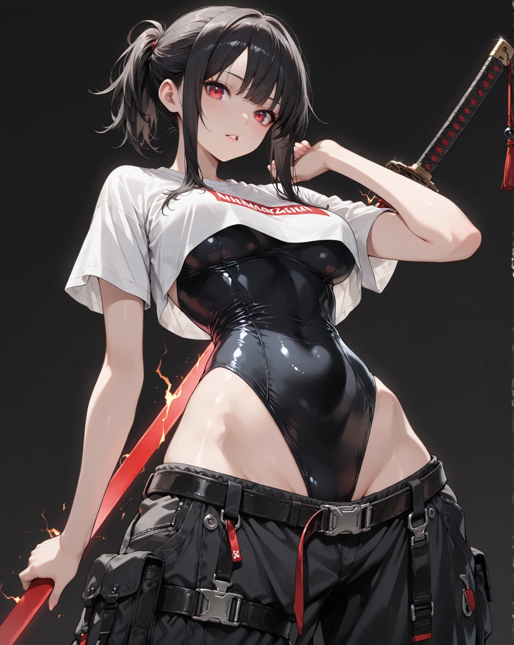 black hair ponytail, red sleeveless clothes, green waist straps, red skirt, black leg warmers, barefoot, girl, outdoor
