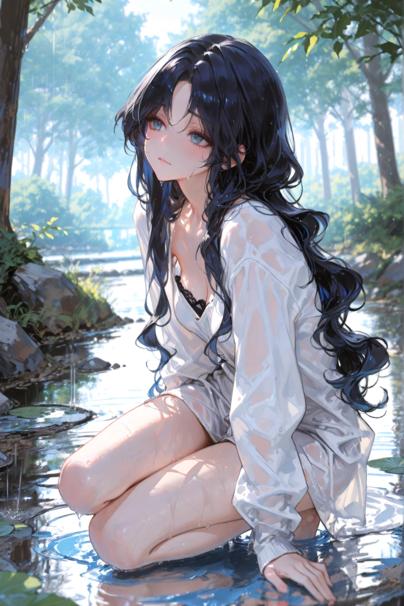(masterpiece:1.2, Highest quality), beautiful illustration. 1female. ((random angle)). full body.

The female is a 30-years-old full black hair styled in ((long hair and wavy hair)) the length of she's chest and (((curtained bangs))), ((Her eyes are beautiful and detailed a mix of cyan blue gradation)), she wet in the rain, rainny day, trees, a puddle of water. additional details: bishoujo, bishounen, very detailed, 8k, ultra HD, depth of field, realism-style rendering, soft colors, dynamic composition.