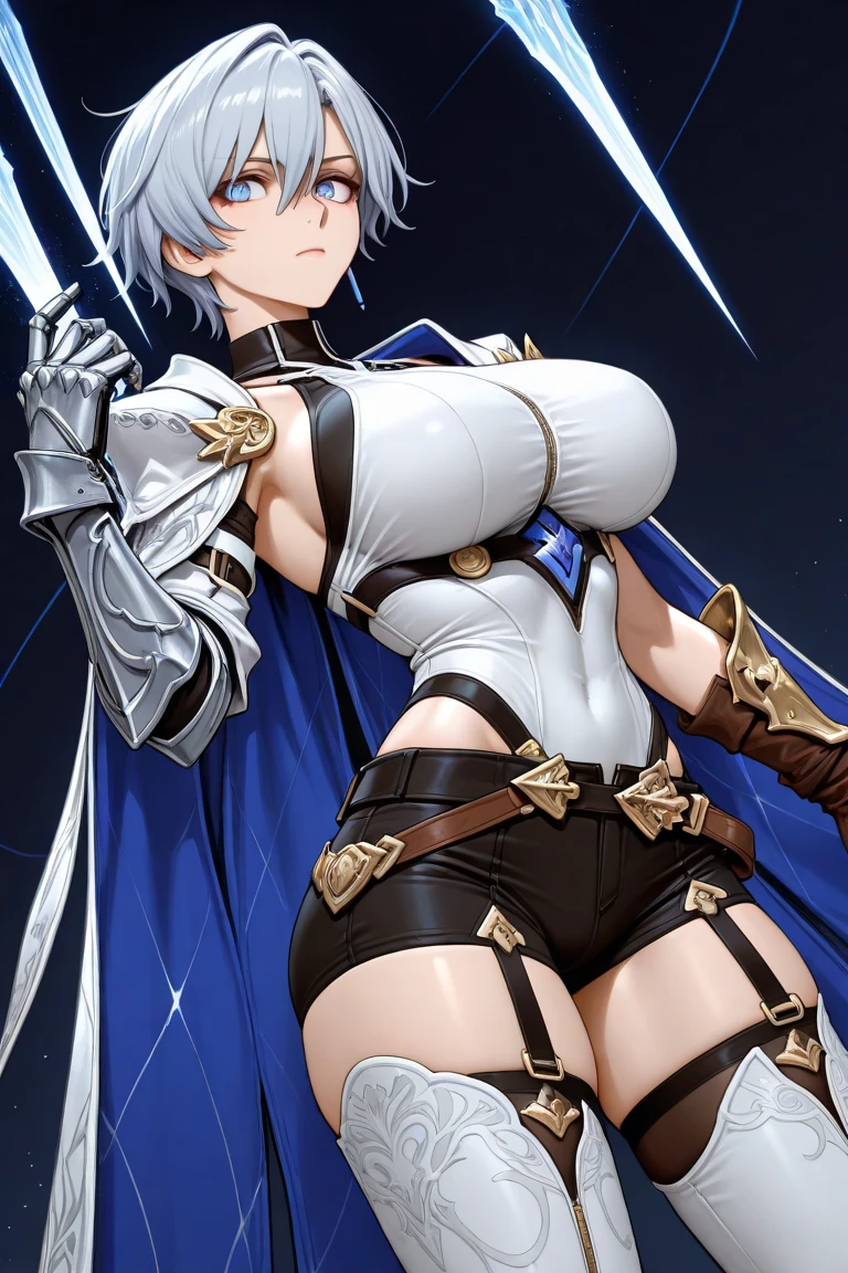 Girl, average body, average breasts, big ass, not very muscular, short hair with braids, white hair, big eyebrows, sleepy eyes, no bangs, sexy, calm, cute, friendly, hentai character