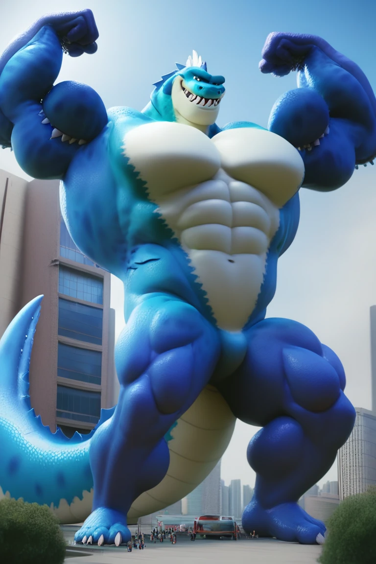 El musculoso James P Sullivan con los brazos cruzados muscular, pervert face , sudadera sin mangas mega big ass naked, big bulge between legs, con su cola de reptil con un big dick entre sus piernas, showing big ass ((there is an x shaped scar on his chest))nsfw
