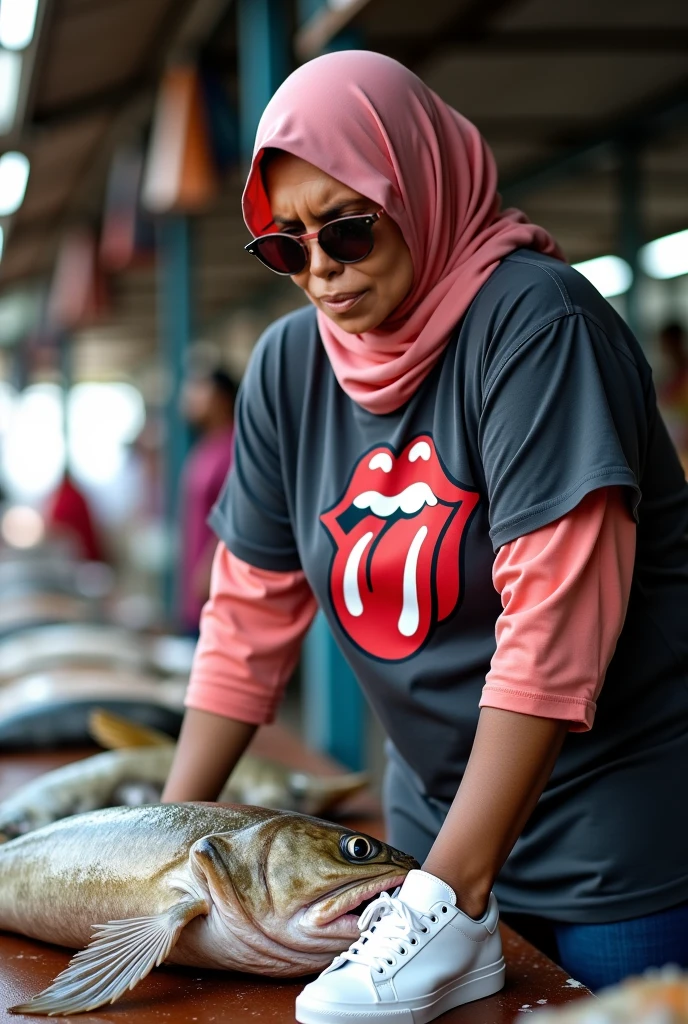 The Indonesian woman is very beautiful, with black eyes, thin eyebrows, thin lips, and weighs 80 kilograms. She is wearing a long-sleeved t-shirt, jeans, and an Islamic headscarf. She is sitting on top of a large crocodile, crawling to fill up with gas at a Pertamina gas station in Indonesia on an Indonesian highway. .