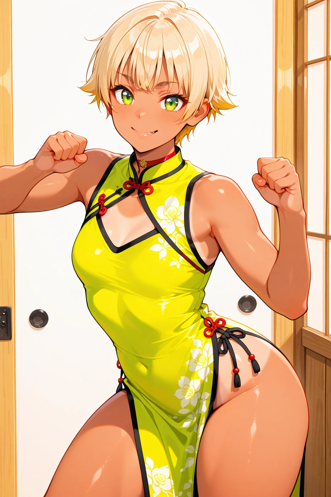 ((best quality)),((highly detailed)),masterpiece,absurdres,detailed face,beautiful face,(detailed eyes, deep eyes),1girl,((dynamic pose)), dimaria, yellow hair, solo, bow, large breasts, cowboy shot, chinese town, outdoors, seductive smile, looking at viewer, wearing yellow chinese dress, put your hands behind your head, armpits, armpits visible, sweaty armpits