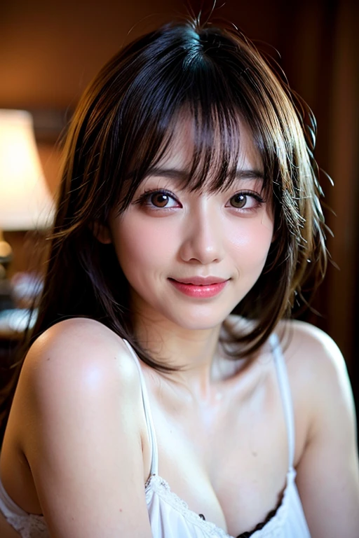 [Photorealistic, highly detailed] Portrait of a Japanese girl with a ultra big smile on her lips. She has a mesmerizingly beautiful face with striking features. [Her eyes are exquisitely beautiful, evenly balanced, and captivating, adding an extra layer of depth to her gaze:2.0]. Her lips are delicately shaped with a natural blush, giving a lively charm to her smile. The artist has flawlessly portrayed her fair and flawless skin, with subtle shading and highlights that add a sense of realism.

The girl's short hair delicately frames her face, styled in a modern and elegant way. The strands are meticulously rendered, capturing the softness and shine of her hair. She wears a slim negligee, and its delicate folds and fabric texture are carefully depicted in the artwork.

The portrait is a masterpiece, crafted with utmost precision and attention to detail. The artist has beautifully captured the essence of the girl's beauty and radiance, creating a truly captivating image. The lighting in the painting falls softly on her face, casting gentle shadows and highlights that enhance her facial features.

The colors in the artwork are vivid and vibrant, adding a touch of liveliness and energy to the image. The artist has chosen a warm and inviting overall tone, creating a sense of serenity and tranquility. The fine brushwork and texture add depth and richness to the painting, taking it to a new level of realism.

This portrait is a high-resolution piece, ensuring every intricate detail is crisp and clear. The image quality is exceptional, with a level of realism that is almost tangible. The artist has employed advanced techniques, such as photorealistic rendering, to bring the artwork to life.

Overall, this stunning portrait of a Japanese girl captures her beauty, radiance, and charm. It is a testament to the artist's skill and talent, showcasing their ability to create lifelike and captivating artworks.