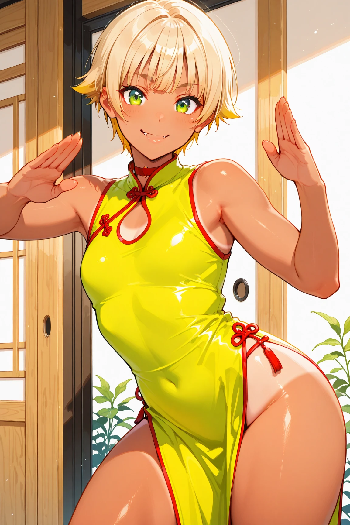 score_9, score_8_up, score_7_up, source_anime, solo, 1girl, apex legends, wattson, smug, sinister smug expression, shy, looking at viewer, arms behind back, blonde hair, hair over one eye, blue eyes, yellow shirt, short sleeves, latex suit, humongous breasts, large breasts, massive breasts, boob window, bare breasts, naked breasts, Chinese dress, wearing Chinese dress, integra, looking back, ass, ass view, back view