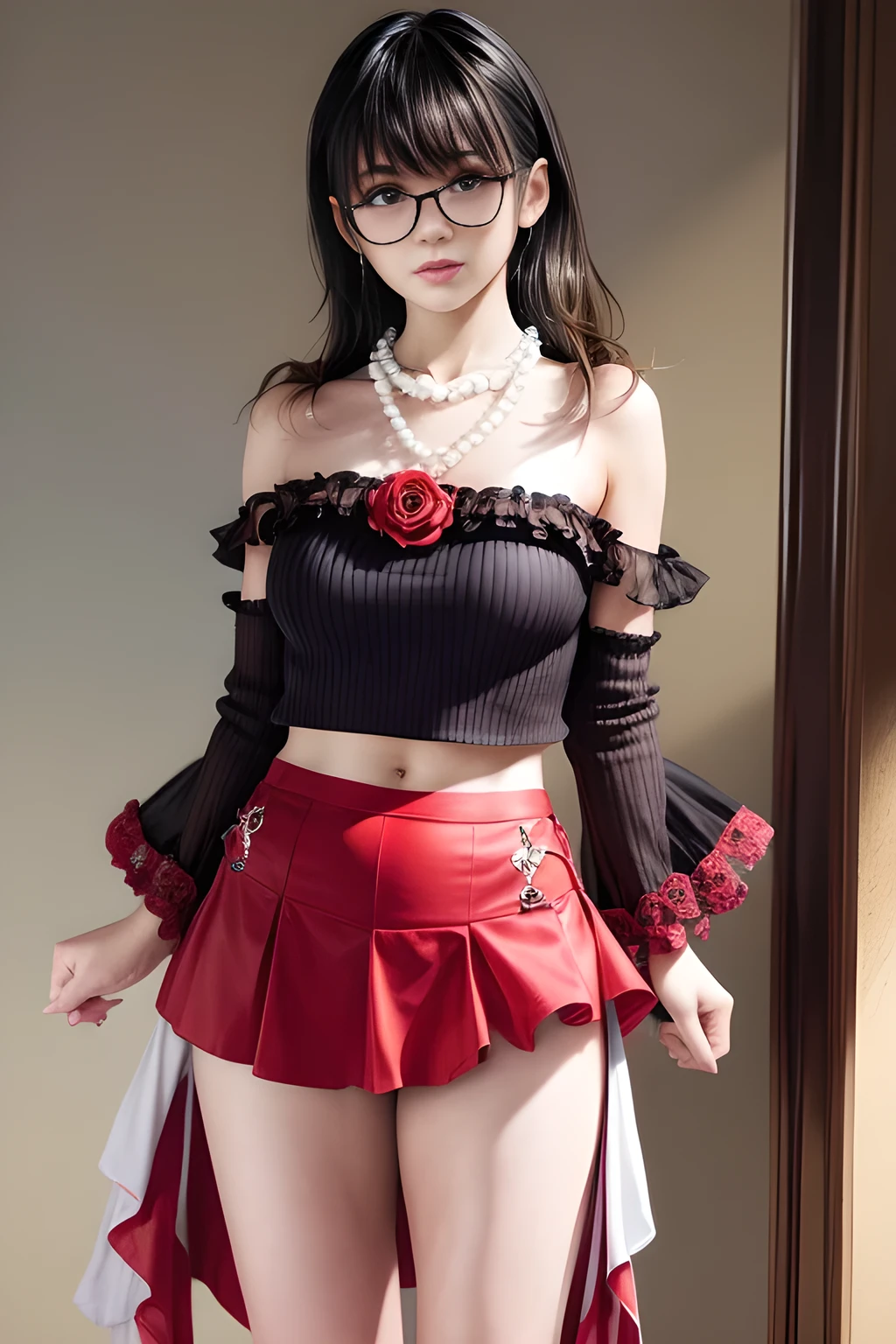 There was a woman in a black and red dress!Take a selfie in front of the mirror, elegant glamourous cosplay, A ballet dancer, wearing a gothic dress, Anime girl cosplay, very beautiful goth top model, Elegant Gothic princess, Black and red, amouranth, thighhighs and skirt, gothic clothing, succubus in tight kilt, loli in dress, creepy pose, fantasyoutfit