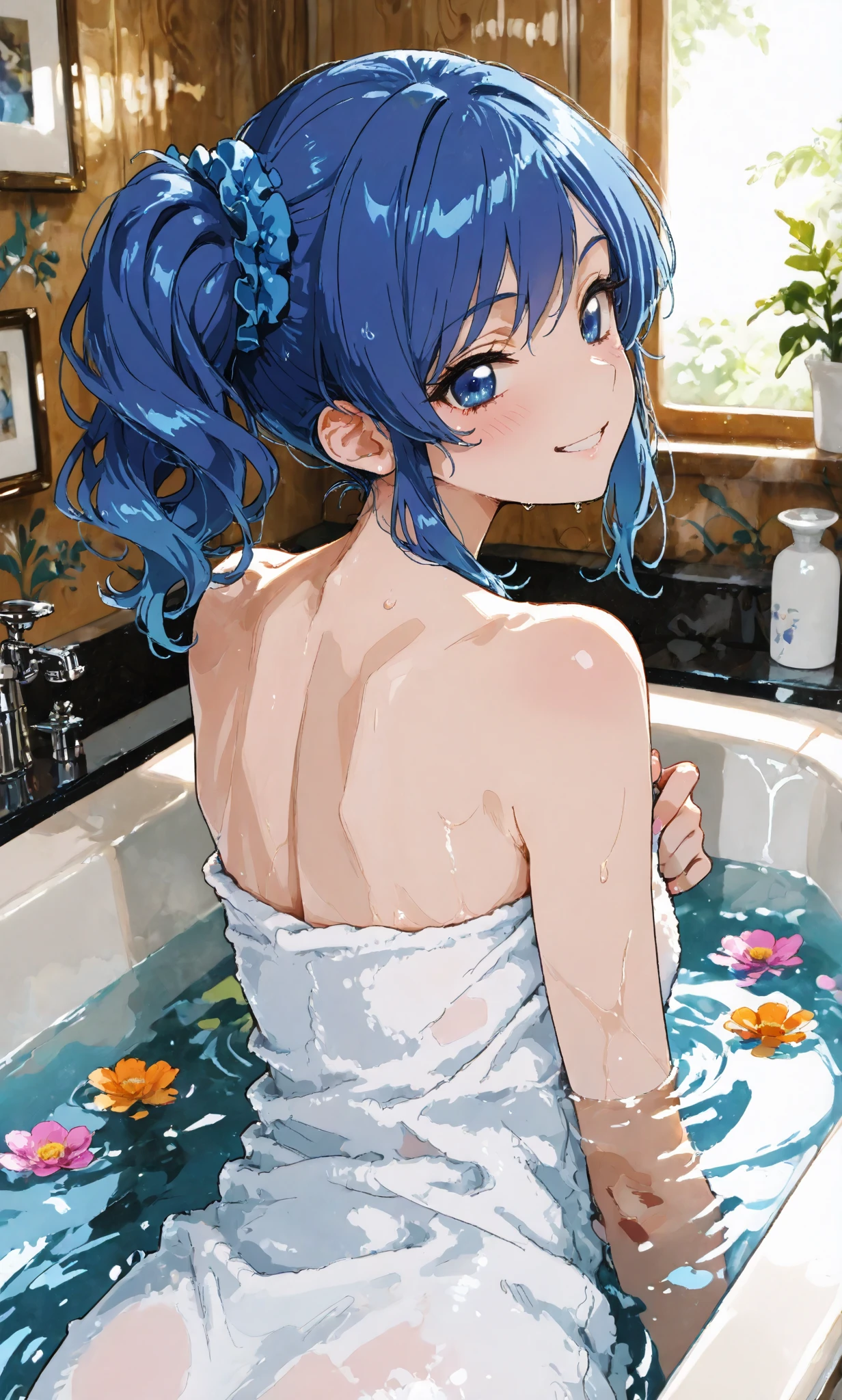 detailed background、1 girl、dark blue hair、moist light blue eyes、A look of great joy on the face、((indoor、bath))、Lustrous skin、sharp outline