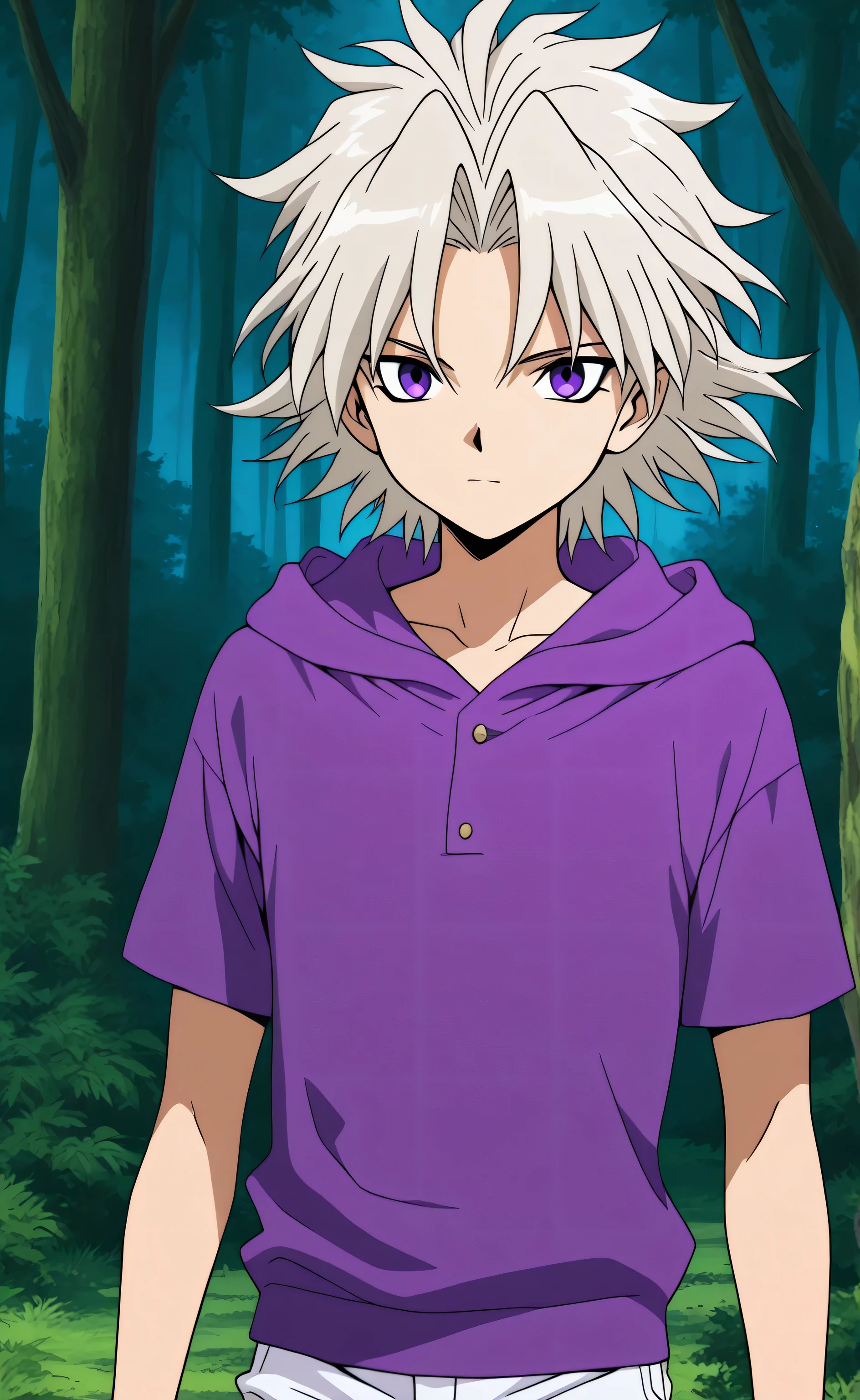 1boy,solo,Marik Ishtar,short hair,platinum blond hair,purple eyes,purple t-shirt,hoodie,white short pants,forest background,