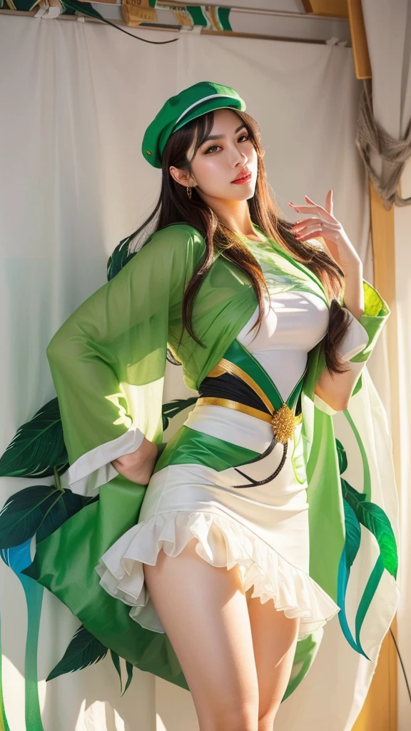 A female knight holding a sword in her right hand，She is wearing a white floral suit that exposes a bit of her midriff and tight fitting white pants.，She is wearing a green floral vest, I have gloves on my arms。She is wearing a green floral cloak, Green belt and white high heels，Wearing a white hat covering one eye