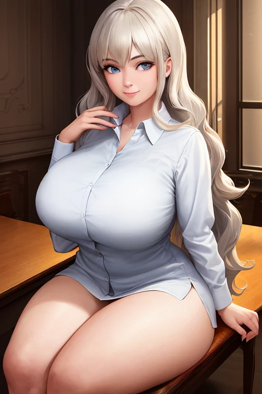 1 woman，22 years old，energetic，tmasterpiece, Best quality, Thicker lines, silver hair，long hair，a slice of red hair on the right side，big butt，big breasts，confident，office lady，formal skirt，office desk，blue eyes，perfect lady，perfect body
