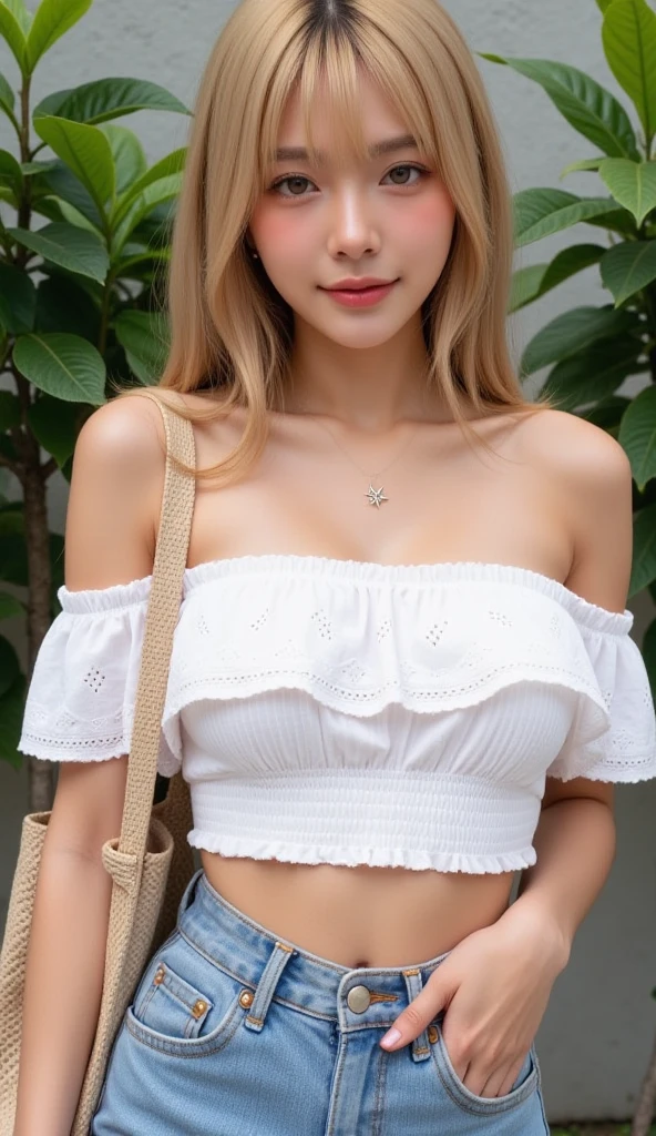 photorealism, preteen girl, blonde hair, medium messy hair, beautiful face, beautiful eyes, full lips, fair complexion, petite build, small breast, white off the shoulder blouse long sleeve crop top, drawing layered skirt, park setting, film grain, 35mm, f/4.0, Sony FE, high-res, detailed, natural lighting, park ambiance, realistic details