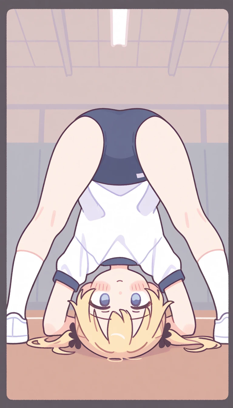 masterpiece, Navy school swimsuit, Blonde twin tails, Sunburned skin,Standing Split, Lift your legs,Leg lift,Standing on one leg,