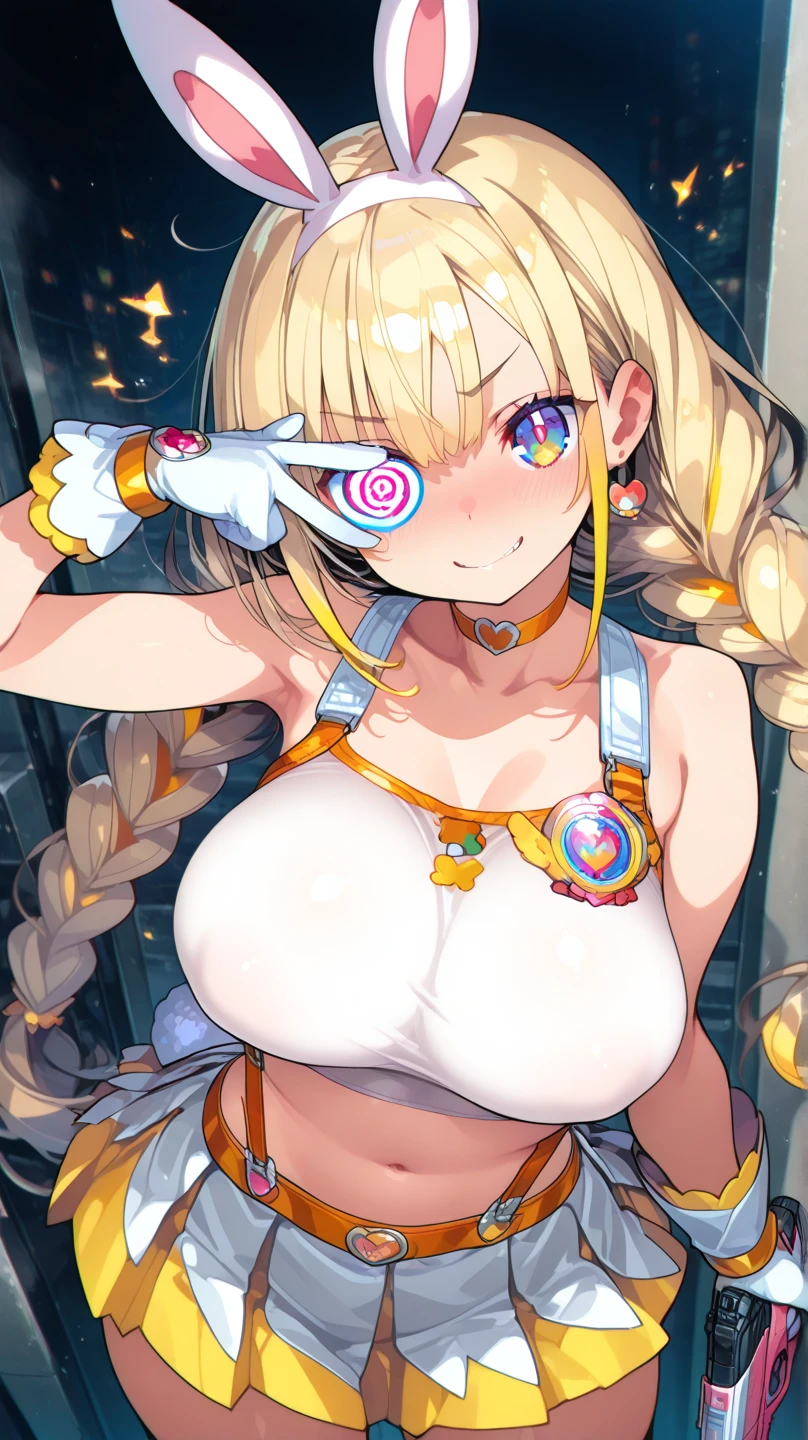 optimum，tmasterpiece，hight resolution，best qualtiy，hyper HD，super detailing，awardwinning，16 K，独奏，（The upper part of the body），anatomy correct，Beautiful cyberpunk girl，Cowboy Shot、shoot from the side、cute  face，，a blond、Longhaire、Twin-tailed、Braids, Hairline，long eyelasher，Hanging eye corners，White skin of the，white t-shirts、((Clocktop:1.5)), (I can see my nipples), Sheer breasts, (I can see my nipples), Sheer breasts, radiant eyes、Rocket Tits, （Slim body），