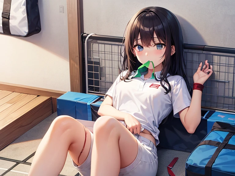 masterpiece, ultra quality, ultra sharp, ultra detailed, 1girl, solo, (((good anatomy))), haduki kurumi, (tattered torn dripping wet white gym shirt), navy gym pants, animal ears, randoseru, name tag, Japanese anime pose, laugh, BurumaShorts, Buruma, Gym Uniform, (((lying:1.4, spread_legs, legspread, split_legs, spreading legs)), (randoseru backpack:1.4), (smirk smile), buruma, blue buruma, black buruma, (cameltoe), (tattered torn short sleeve white gym uniform with colored hem), (tiny nipples), (white long loose socks), strong lighting, legspread, bukkake, cum on clothes, cum on legs, cum on buruma, cum on bloomers,