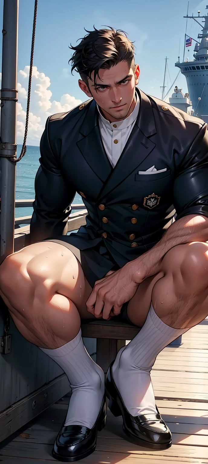 masterpiece, best quality, face, natural eyes, 1man, european, big feet, black socks, full body, large bulge, long legs, looking at viewer, 30 years old, muscled and mature, sea, a navy soldier, white navy army uniform, wearing balck leather shoe, short haircut, sitting on a ship deck with legs streched, deck, ship, sea, ship deck, blue eyes, flush, organism, face covered with white fluids, sweating, tight cloth, erecting