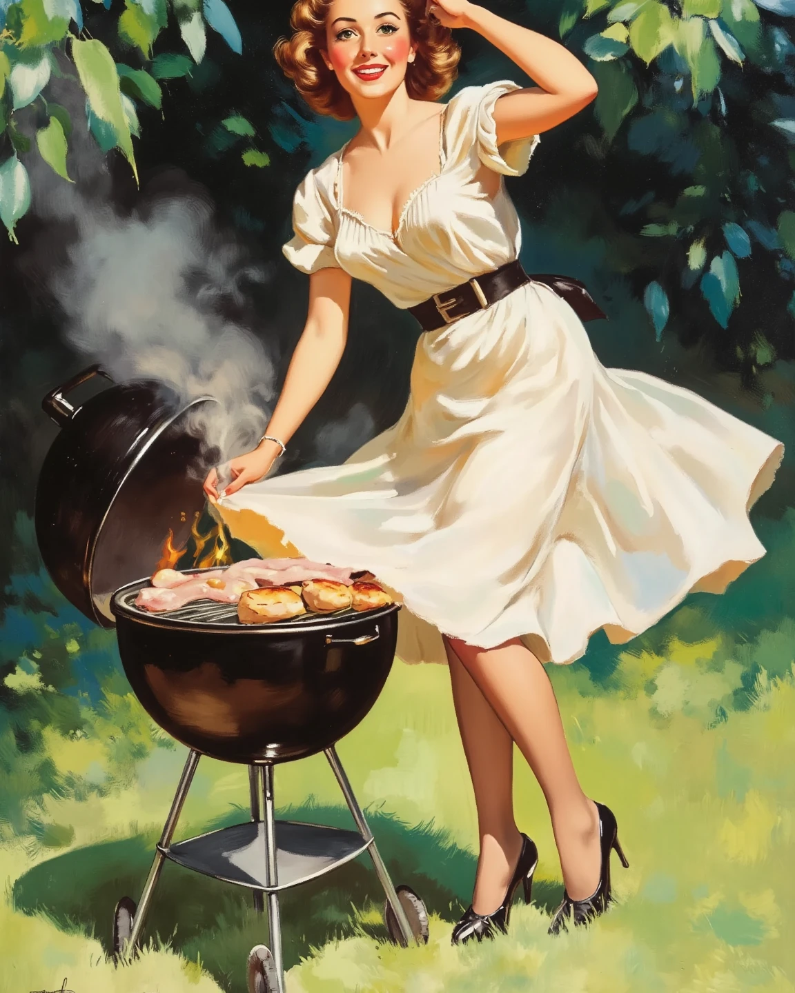 Picture of a woman, grilling food, covering herself from smoke with the hem of her dress, gil elvgren style, gil elvgren, by gil elvgren, pinup art, artgerm and gil elvgren, pinup girl, pinup, pin - up, pinup, pinup, high resolution::: gil elvgren, pinup girl, pinup, pinup, pinup poster girl