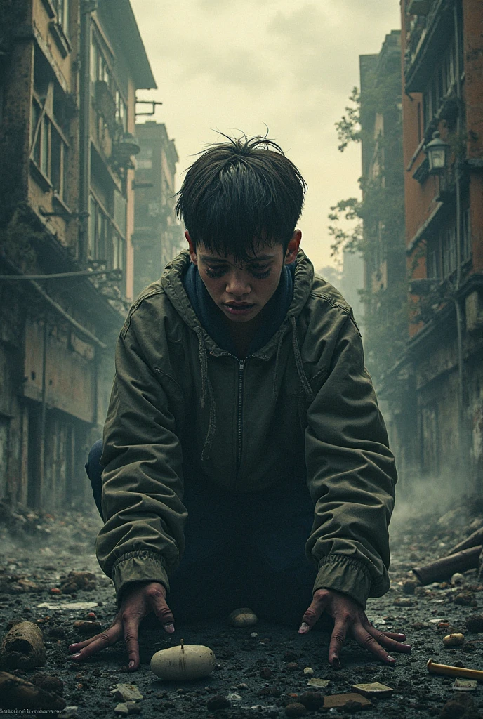 A Boy Living in a Collapsing Japanese City, Floating Debris, Beautiful attention to detail, Beautiful lip detail, Very detailed目と顔, Long eyelashes, , Ruined cityscape, Post-apocalyptic, Very detailed, 4K, 8k, Realistic, Cinema Lighting, Dramatic colors, Calm Tones, Grainy, Dystopia, sf, Concept Art