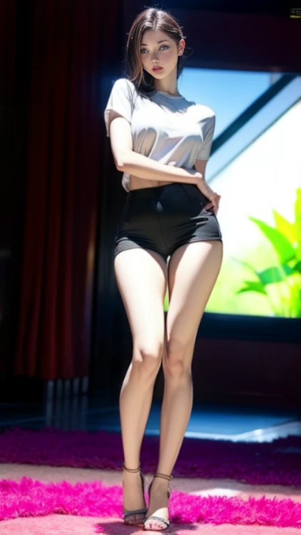 Raw photo、masutepiece、32K、8K、Kpop Idol, Very beautiful slim legs, Sexy Pose, good hips and long legs, beautiful slim legs, photo of slim girl model, pretty face with arms and legs, Very sexy pose, thigh closeup, wearing a swimming wear, juicy legs, Engaging pose, booty shorts, Sexy body, hotpants