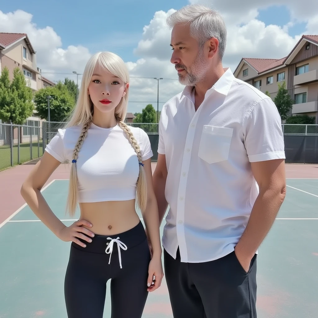 A very beautiful girl with big ass 22 years old German with white pale pinkish skin is with an old man, the girl longs to hug the old man, a garota beija o homem velho, a garota com seios grandes e cintura fina, o top sem umbigo, a minissaia