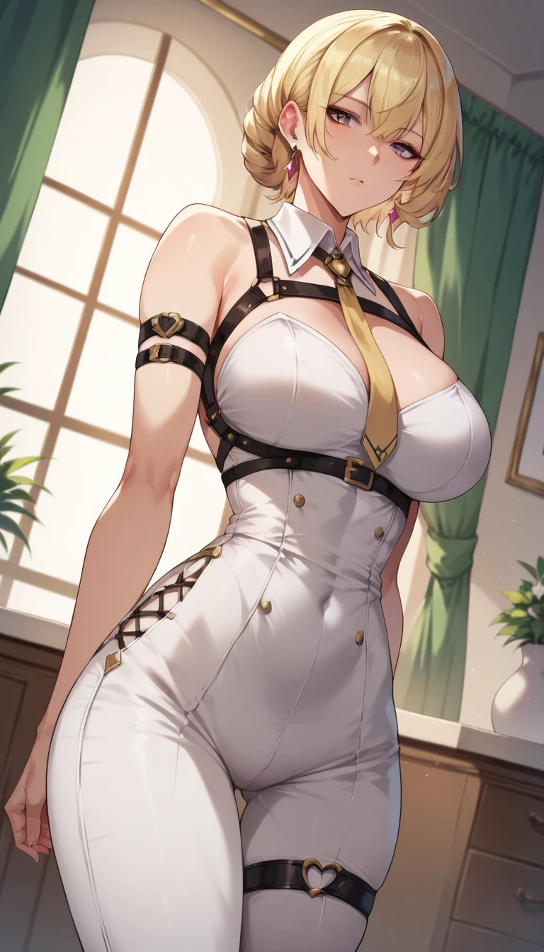 masterpiece, best quality, highres, Kronshtadt, very long hair, low twintails, hair ornament, black choker, high collar, cleavage, white dress, sleeveless, elbow gloves, black gloves, black pantyhose, standing, indoors, hand on hip,