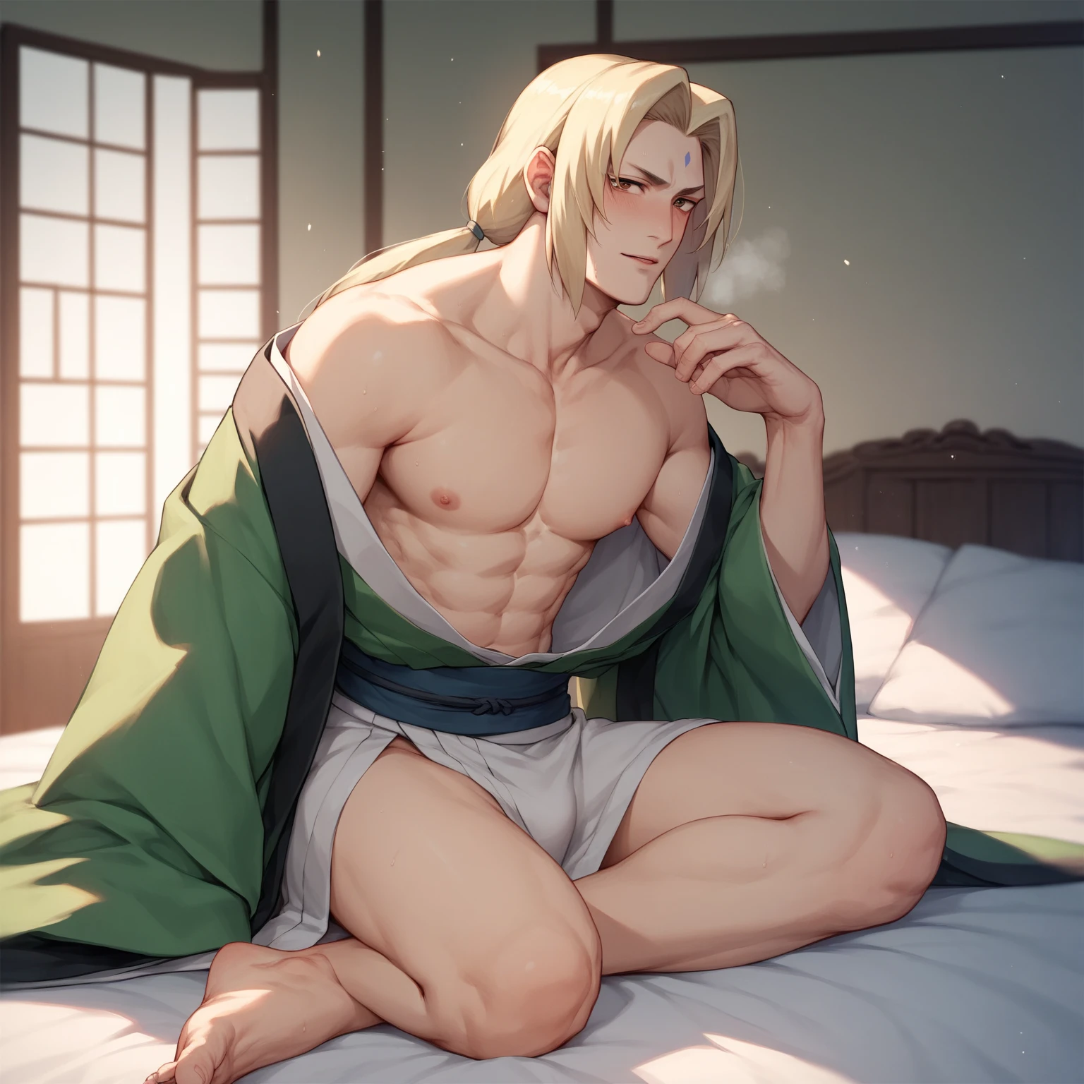 1man,Masculinity,Golden hair,pony tails,blue color eyes,No bra,A Japanese-style room,Sitting,deep in the night