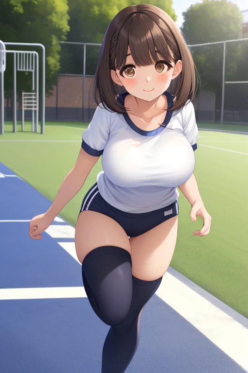short girl, loli, big breasts, hair above her eyes, green eyes, wearing school gym clothes, with school bag, white socks, wet with sweat, thus revealing her breasts, big breasts, she is sweaty, mischievous smile, embarrassed , holding a hand chest, standing, viewer's perspective, perfect anatomy, perfect hands, perfect feet, no extra limbs, masterpiece, 2k quality, background should be blurred, girls in school gym uniform exercising in the background, she is on the school's sports field.