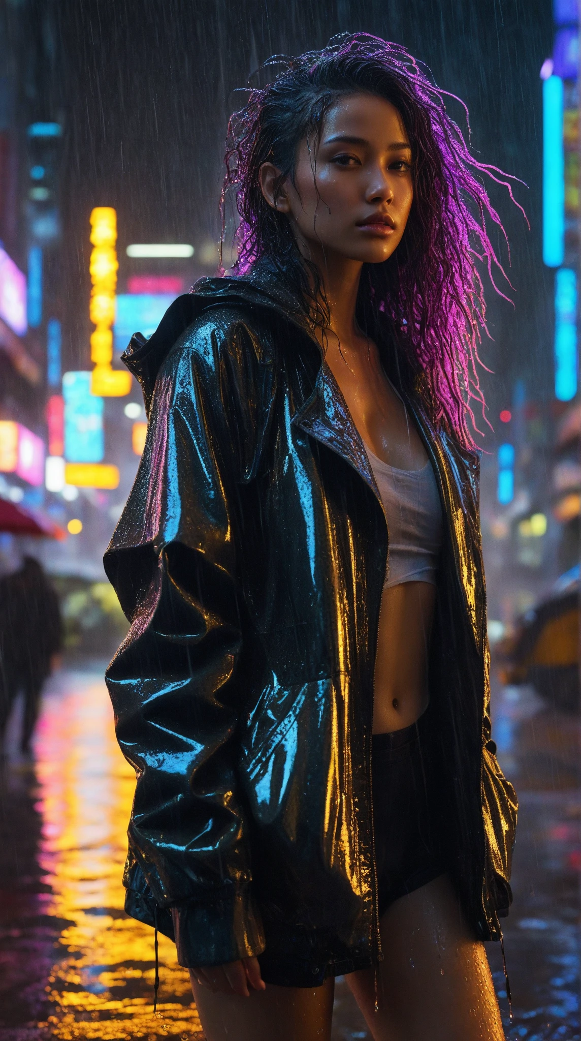 (
(character: a french woman, detective, slim bodysuit, Delgado, pink hair. neat side haircut)
(Clothes: pink trench coat, black shirt, glasses, Boots)
(pose: upper body shot:1.7, dynamic pose)
(blurred, intense urban lights in the background)
(Style: ((Masterpiece:1.5)), (detailed face), photorealistic:1.3, Hyper realistic, foggy, High contrast, shiny skin, soft lighting, backlighting, Bloom, flashes of light, chromatic aberration)