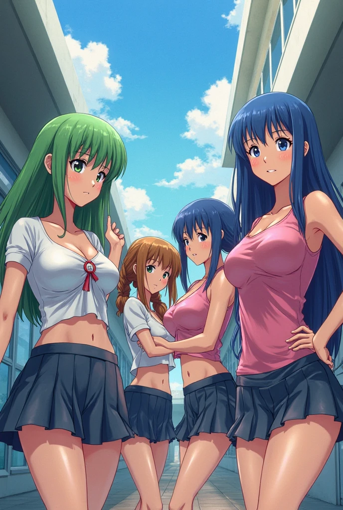 Five adult college girls with big breasts, one redhead girl with pigtails, another with long pink hair, another with long green hair, another with long yellow hair, and finally a girl with short white hair, the background being a living room wearing normal clothes.
