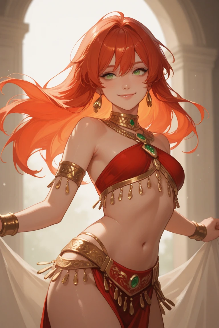 1 girl, kitsune bellydancer, long bright red hair, bright red fox ears, ((brown skinned)), sharp yellow eyes, red middle east dancer robes with gold trim, (red harem pants), soft full red lips, gold necklaces, wide hips, fluffy bright red fox tail, fantasy middle eastern tavern