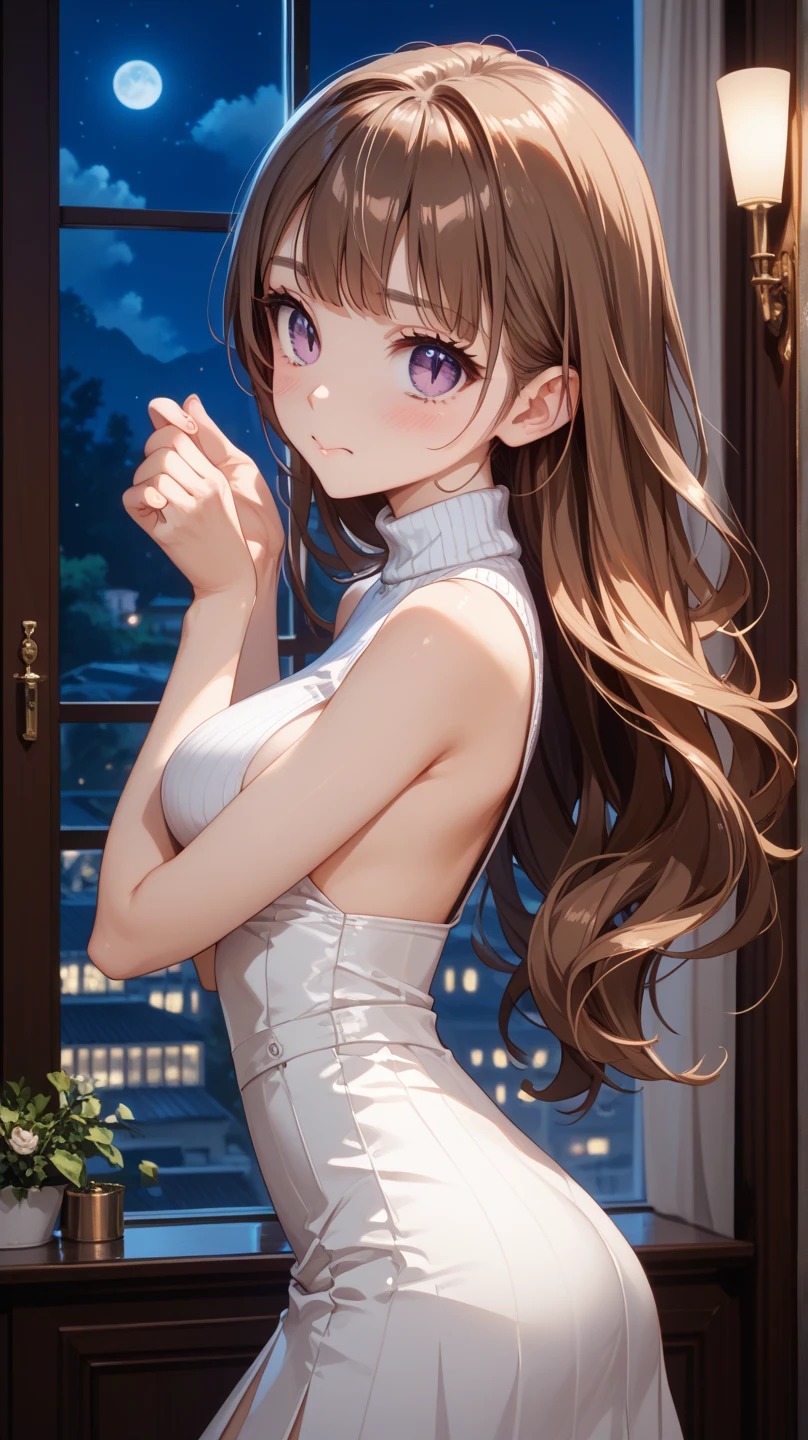 A 19-year-old Italian woman、olive-toned healthy skin。The sleek and rich dark brown hair is in a ponytail.。Bright, pale blue eyes。moderately toned physique、Balanced proportions。A cute outfit with a sexy, tight-knit dress。expression is bright and lively。The background is a forest at night。Depict the whole body。