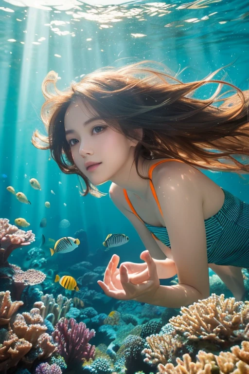 (((completely nude)))alone, Deep sea, reef, Freediving, night diving, moon, zero gravity, ((best quality, 8K, masterpiece: 1.3)), low angle, backlight, female, long hair, crawl, Underwater photography, Underwater perspective, Underwater perspective, Floating underwater, Look at me.