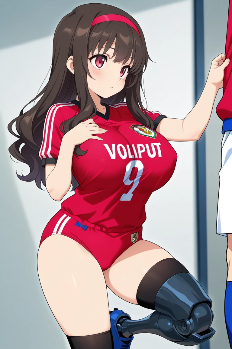 18 year old girl, large eyes, big eyelashes, thin eyebrows, half full cheeks, thick lips, curly brown hair, Brazilian long-sleeved football shirt with number 10, showing her huge ass, pink panties, long white socks, in pose on all fours