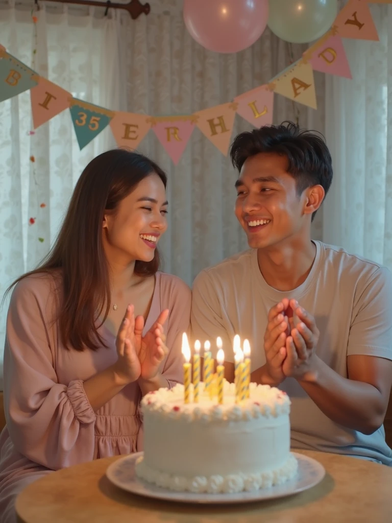 couple photo of A young Indonesian man and woman celebrating their birthday in a luxury cafe, the woman is holding a luxurious birthday cake decorated with colorful decorations and burning candles, while the young man is holding a luxury red gift box in the shape of love containing two beautiful gold rings. , face facing the camera, smiling beautifully, on a cake that says "RIANI", the woman is wearing a luxurious purple dress and is elegant and polite. Realistic