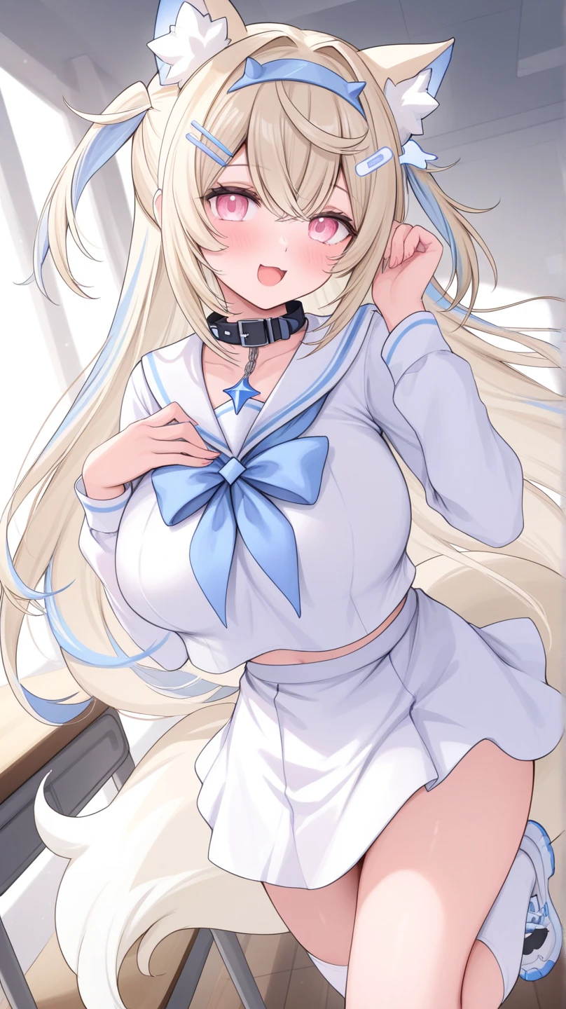 top-quality、realistic touch,high-detail、photoRealstic、long body、thin-waist、captive beauty、big eye、Strong platinum blonde eyelashes、platinum-blond、full body Esbian、Sparkling eyes、Submissive smile、Flushed cheeks、Kamimei、thin-waist、Voluptuous thighs、Enraptured look、Raked bangs、The forehead is protruding、a sailor suit、sleeveless、Inside a room、pony tail hairstyle、standing、clothes with wide open sides、Navel Look、fuge boobs、clothes tied with string、is in estrus