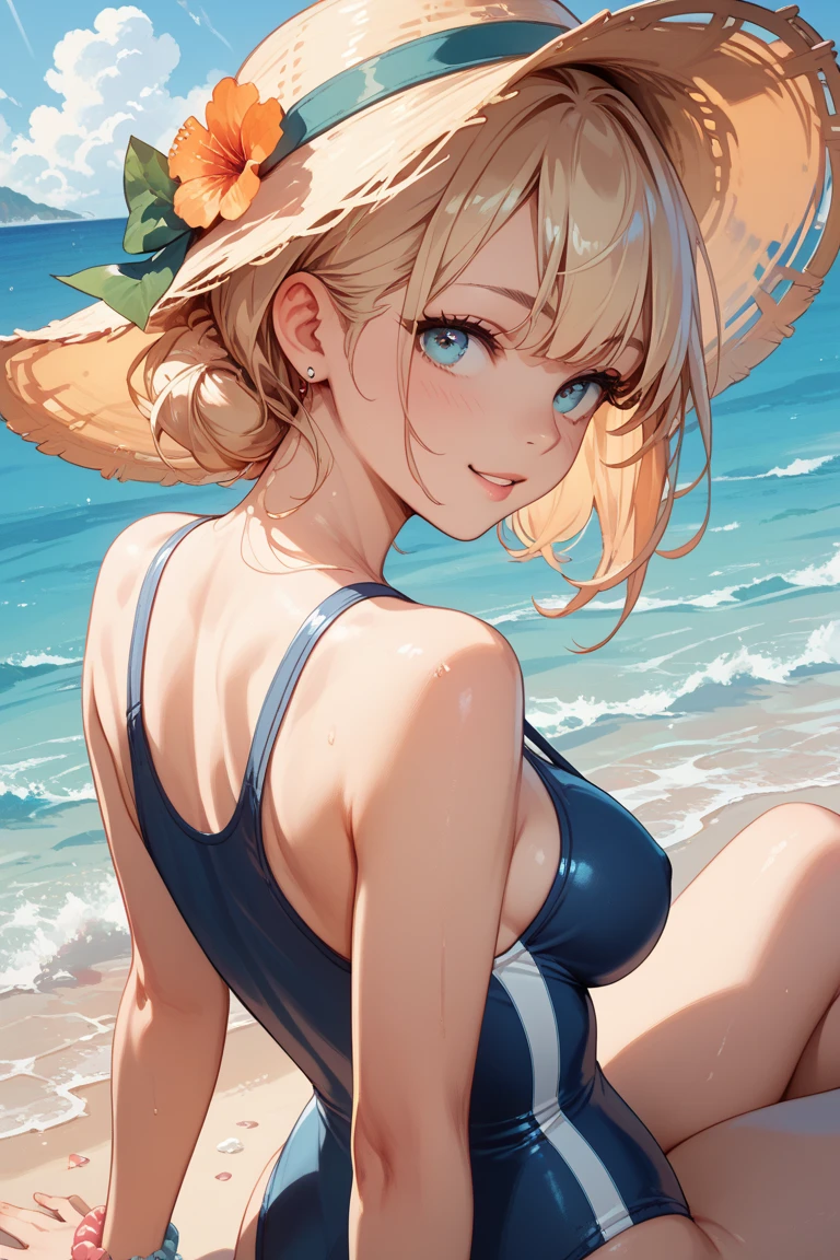 (Master masterpiece、top-quality、top-quality、Official art、Beautiful and aesthetic:1.2),Girl in a swimsuit, Summer, Water droplets,细致背景、Nature、Arm up、Smiles、cute little、Mysterious、mysterious background、chee、Shy face、small tits、A slender、
